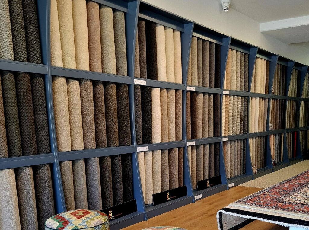 Carpet sample wall in the Flooring House showroom