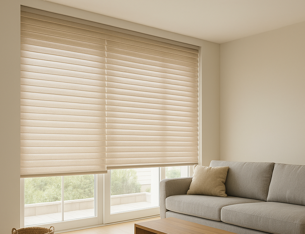 Roller blinds in a bright living room