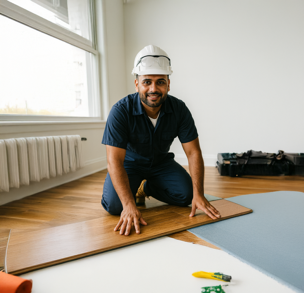 Flooring installer fitting a new floor