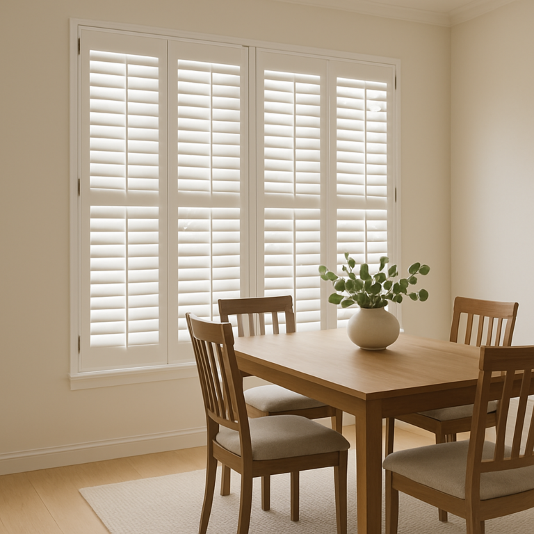 White plantation shutters in a dining room